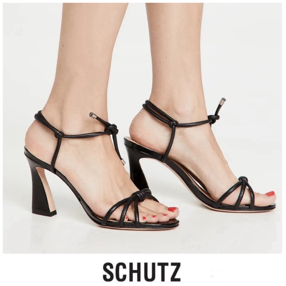 SCHUTZ Paikea Black Stappy Leather Open Toe Ankle Tie Strap Heel Sandal SZ 9 B